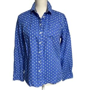 Talbots Linen Blue Polka Dot Button Down Shirt Women's Medium Petite